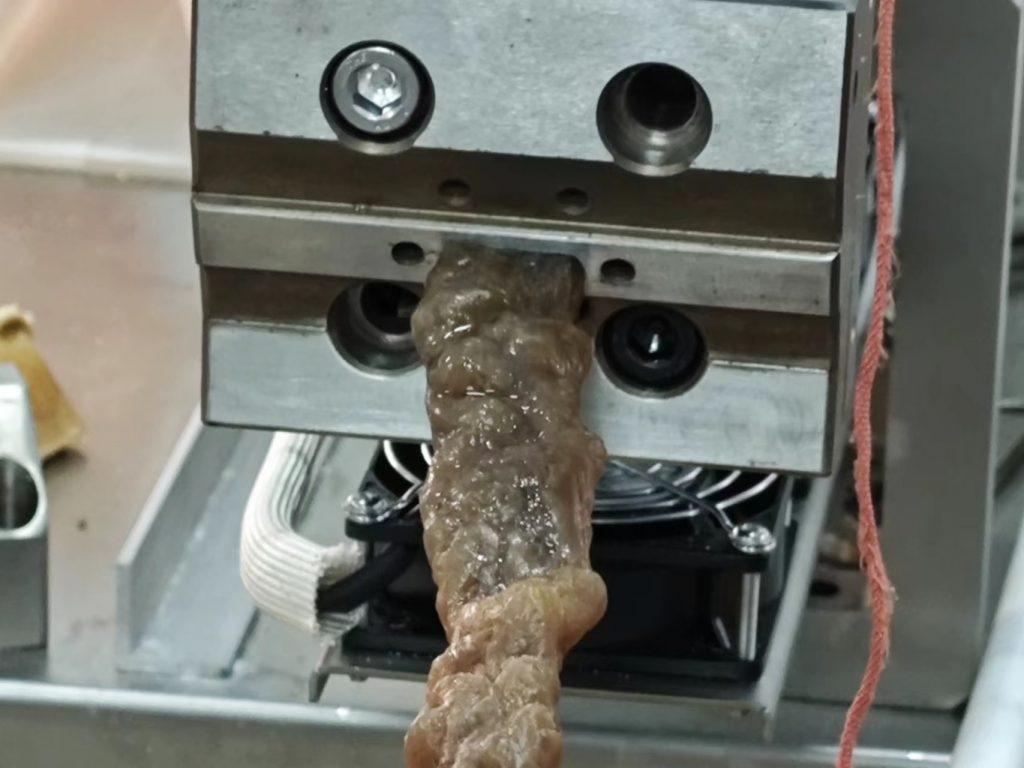 "Vegetarian meat" extruded by an extruder